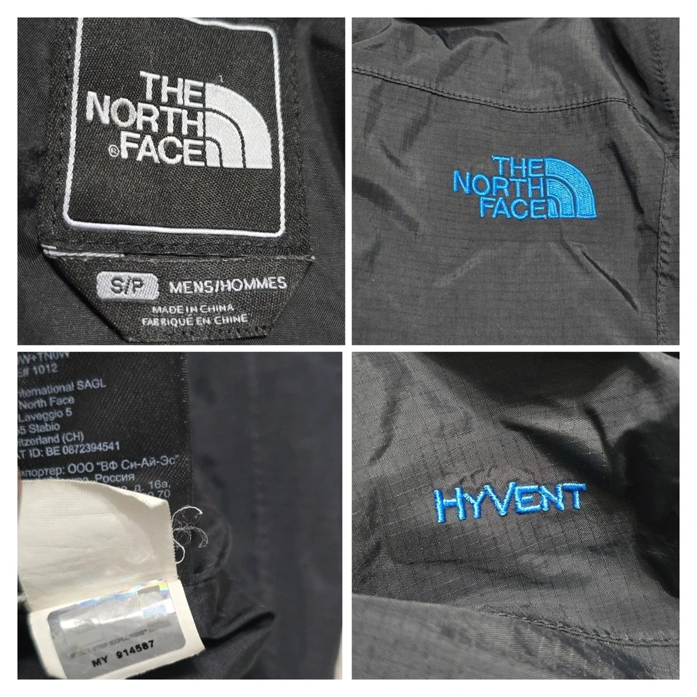 The North Face HyVent Rain Jacket Mens Small Black Blue Hooded Waterproof Coat